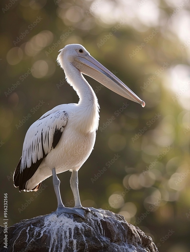 Majestic Pelican Perched on Rock with Soft Bokeh Background Majestic Pelican Perched on Rock with Soft Bokeh Background