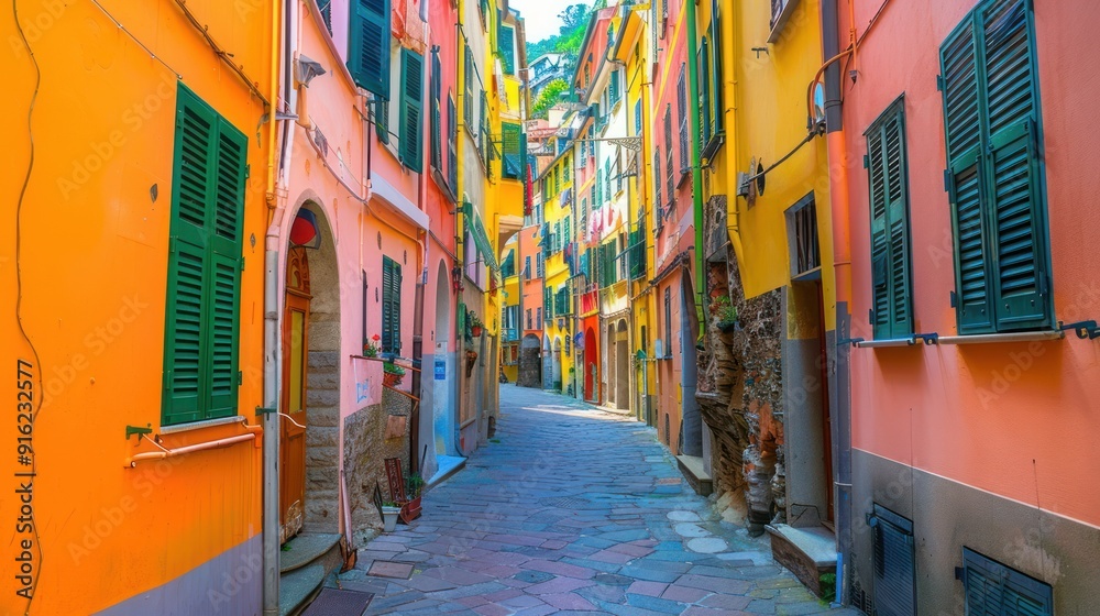 Fototapeta premium Narrow cobblestone street lined with colorful Italian buildings