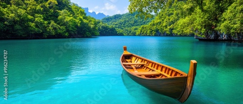 Tranquil Lake with Rowboat and Lush Greenery