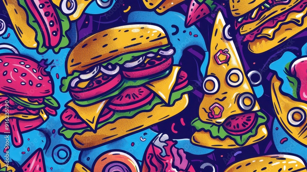 A vivid arrangement of various fast food items including burgers, pizza, and desserts showcasing bright colors A vivid arrangement of various fast food items including burgers, pizza, and desserts showcasing bright colors