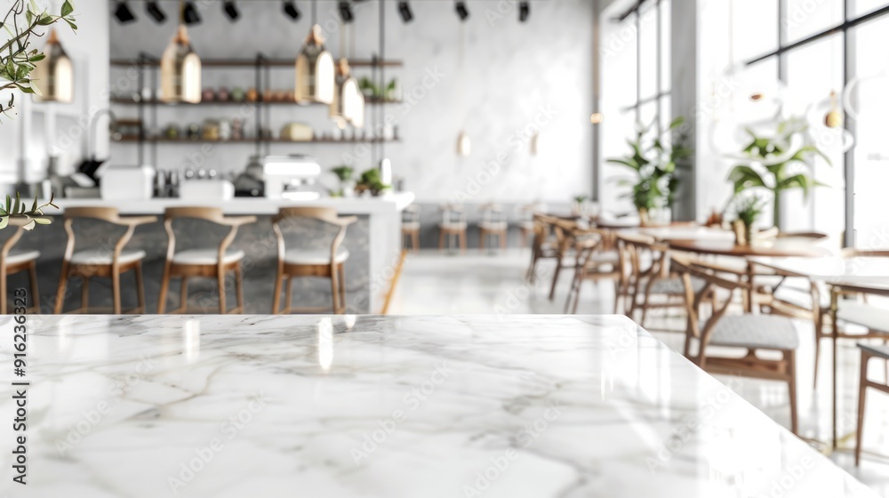 Naklejka premium Marble Table Top with Blurred Cafe Interior