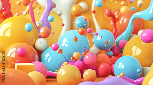 Vibrant Abstract Background with Colorful 3D Spheres and Fluid Shapes in Dynamic Composition