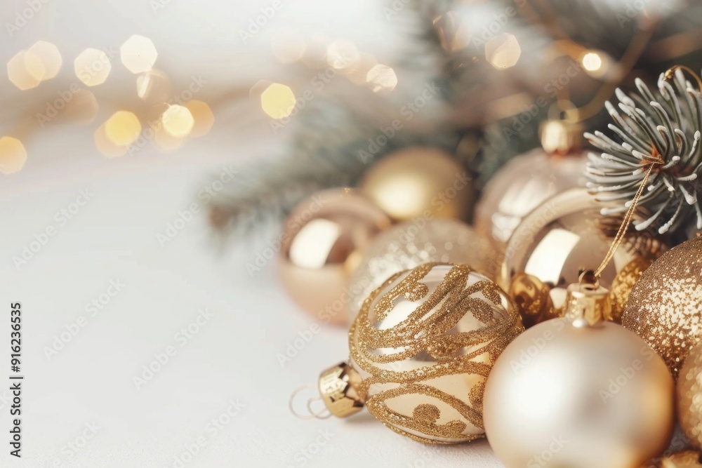 Elegant Gold Christmas Ornaments and Star on Glittery Background - Perfect for Festive and Sparkling Holiday-Themed Designs Elegant Gold Christmas Ornaments and Star on Glittery Background - Perfect for Festive and Sparkling Holiday-Themed Designs