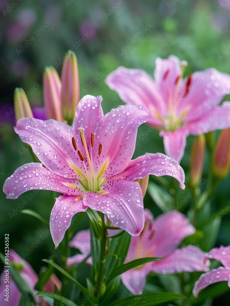 Beautiful Pink Lilies with Dew Drops in Lush Garden Setting