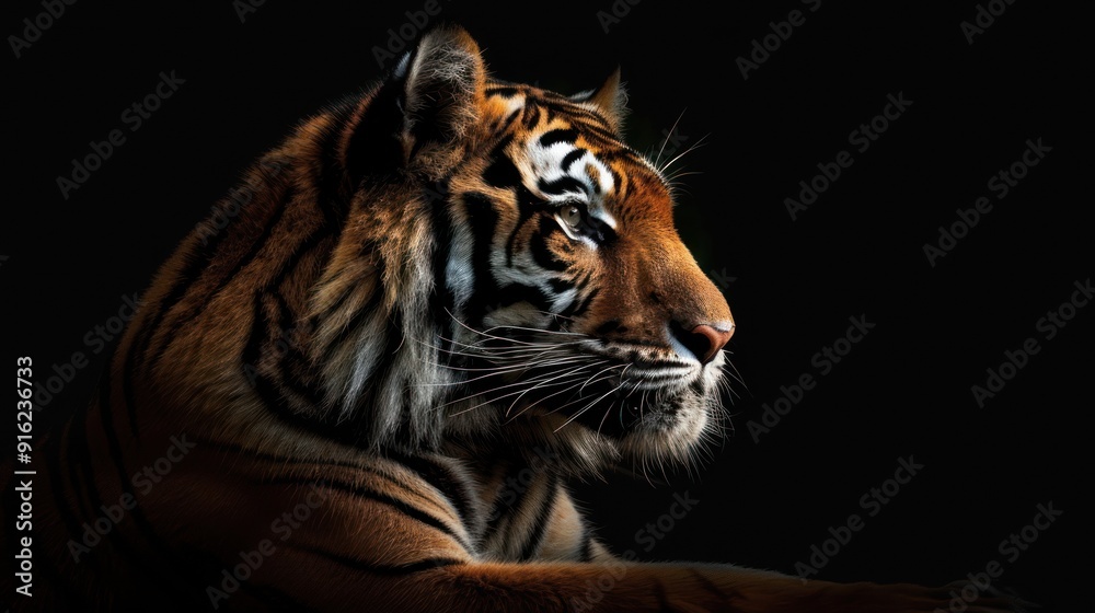 A Tiger's Profile Against a Dark Background A Tiger's Profile Against a Dark Background