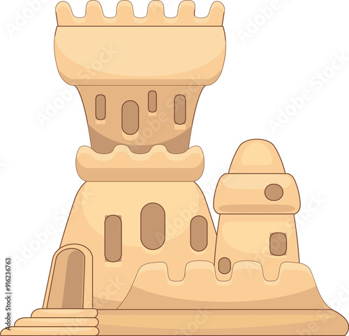 Big sandcastle with towers, battlements and loopholes standing on a beach