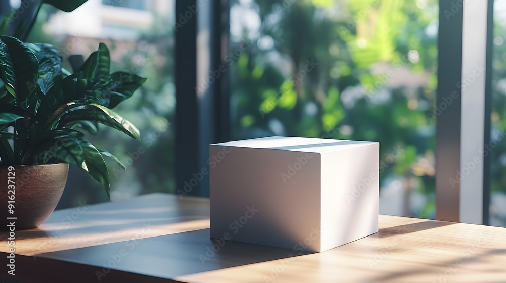 White packaging box mockup placed on a simple desk with soft natural light White packaging box mockup placed on a simple desk with soft natural light