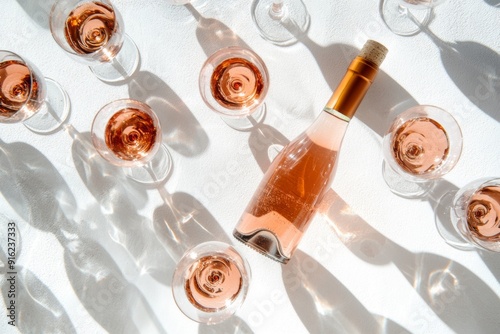 Elegant Tipple: A Rosé Wine and Glassware Setup Casting Shadows on a White Surface, Conveying the Concept of Tasting and Summer Afternoon Tea