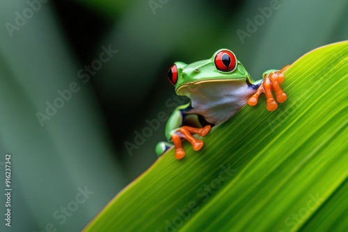 Red-eyed Tree Frog on Green Leaf