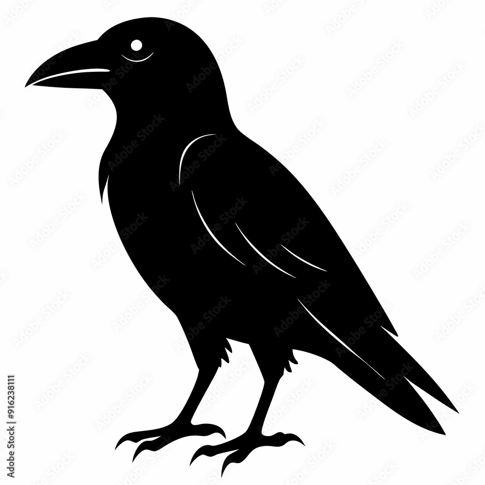 Fototapeta premium Crow isolated on white background, crow vector illustration, bird on a branch vector art, crow silhouette, bird vector icon, peacock on a branch line art, eps, raven on a branch cartoon