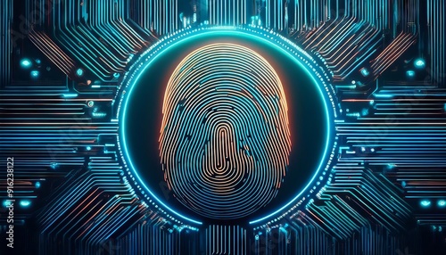 Fingerprint Security System in a digital circuit board. The image represents cybersecurity, biometrics, and the future of technology