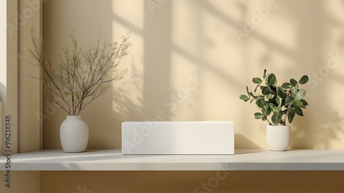 White box mockup displayed on a simple table with minimalistic decor
