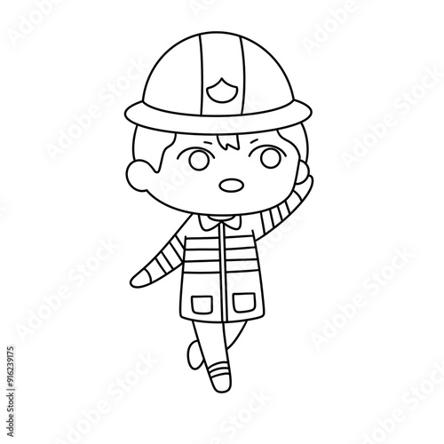 A cartoonish drawing of a firefighter in a helmet and vest