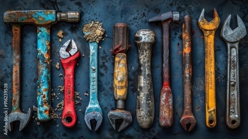 Labor Day Celebrations: Patriotic Hand Tools and US Flag on Table, Close Up View from Above. Congratulate Family, Friends & Colleagues on National Holiday.