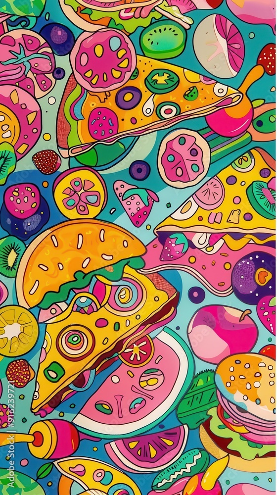 A lively array of cartoon-style food, featuring pizza, burgers, and fruits, displayed in bold colors against a bright backdrop A lively array of cartoon-style food, featuring pizza, burgers, and fruits, displayed in bold colors against a bright backdrop