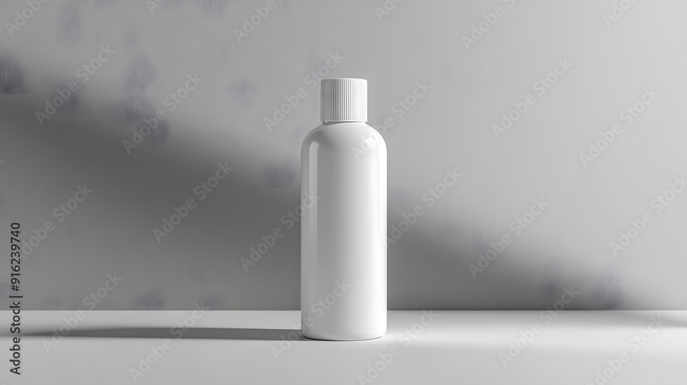 White bottle mockup displayed on a neutral grey background, with soft lighting and simple design White bottle mockup displayed on a neutral grey background, with soft lighting and simple design
