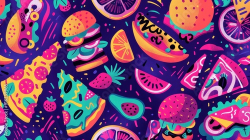 A collection of bright food illustrations including burgers, pizza, and fruits on a dark canvas