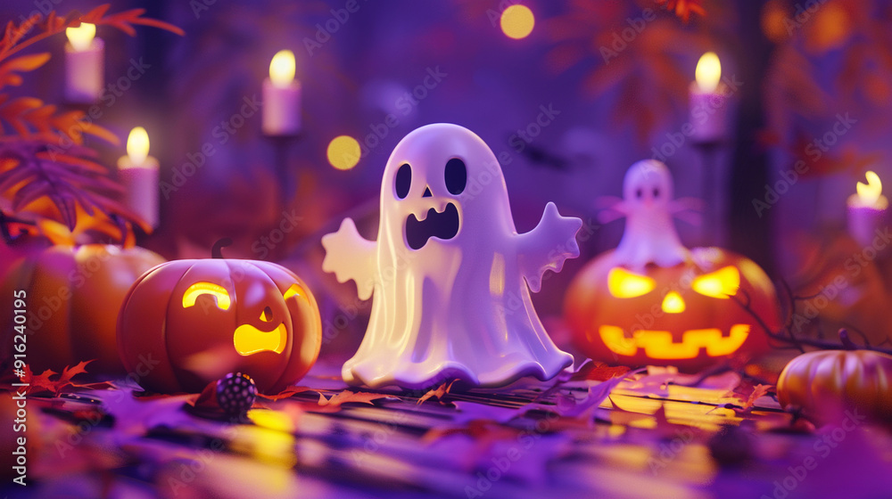 3D style Halloween pumpkins and ghosts on purple background. 3D style Halloween pumpkins and ghosts on purple background.