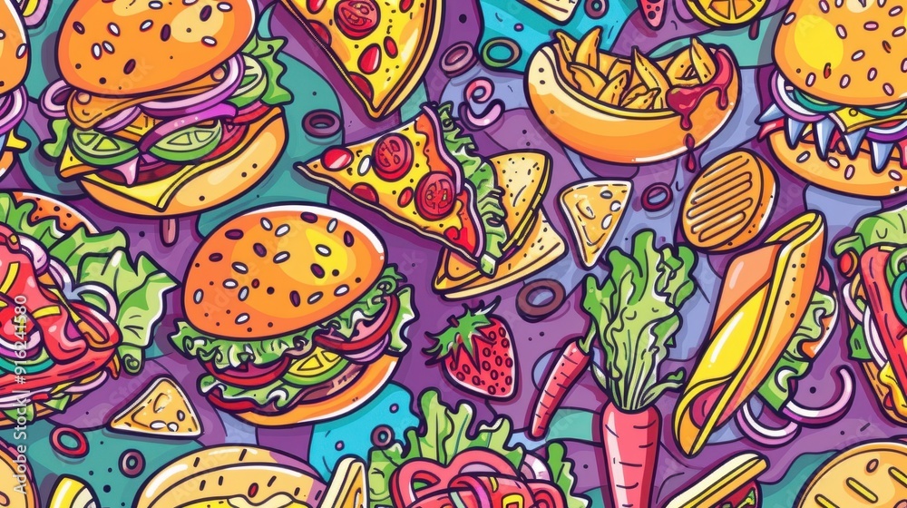A lively array of various fast food items artfully arranged in a colorful pattern