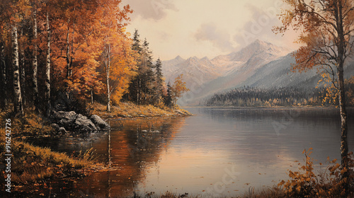 A serene autumn landscape with colorful trees and leaves, creating a peaceful and tranquil atmosphere. It is suitable for backgrounds, nature-themed designs, and seasonal content.