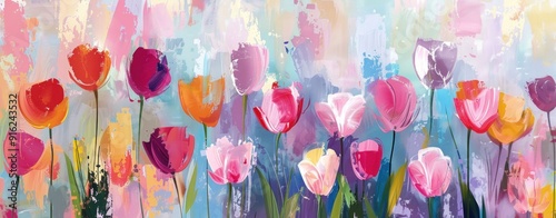 Wallpaper Mural Colorful tulips painting on grass field with blue sky beauty of nature and artistic creativity combined in abstract art Torontodigital.ca