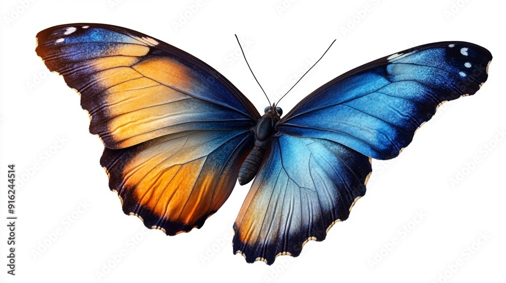 Stunning Blue-Yellow-Orange Butterfly in Flight, Transparent Background - Generative AI