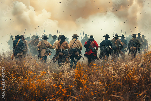 Battle in the American Civil War, soldiers in a field in smoke, fire, shooting from guns, artillery. photo