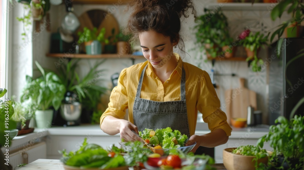 Young woman preparing fresh salad in a bright kitchen filled with plants Young woman preparing fresh salad in a bright kitchen filled with plants