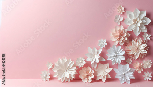 Soft paper cut flowers on right side, empty light pink background with copy space mockup. Origami art wedding design illustration. Generative AI.