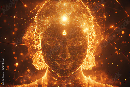 A digital wireframe polygon illustration of Maa Durga, showcasing the goddess with intricate lines and points in a technological style.
