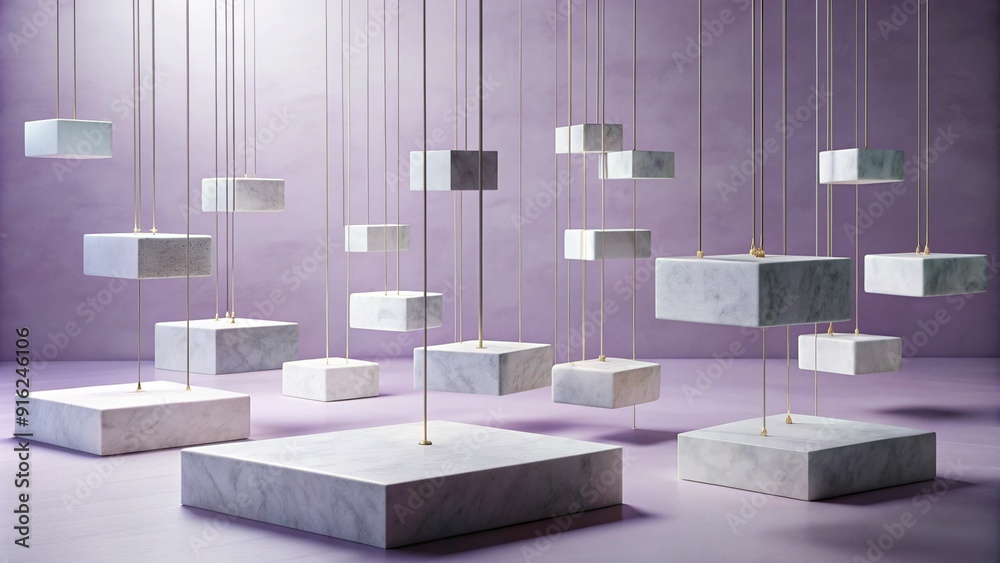 Multiple white marble platforms suspended at different heights in an abstract studio scene. The platforms are connected by thin, almost invisible wires, giving the illusion that they are floating. Multiple white marble platforms suspended at different heights in an abstract studio scene. The platforms are connected by thin, almost invisible wires, giving the illusion that they are floating.