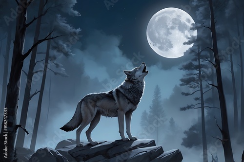 Digital artwork featuring a lone wolf standing on a rocky outcrop in a dense forest   photo