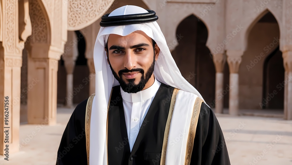 Naklejka premium A man in traditional Arabic clothing standing in a courtyard.