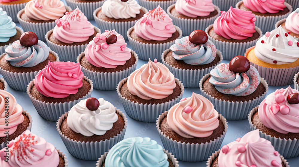 Food photography of cupcakes with sprinkles and berries on the top of it, arranged neatly in line. Wallpaper for advertisement, celebration of cupcake day, birthday card. Food photography of cupcakes with sprinkles and berries on the top of it, arranged neatly in line. Wallpaper for advertisement, celebration of cupcake day, birthday card.