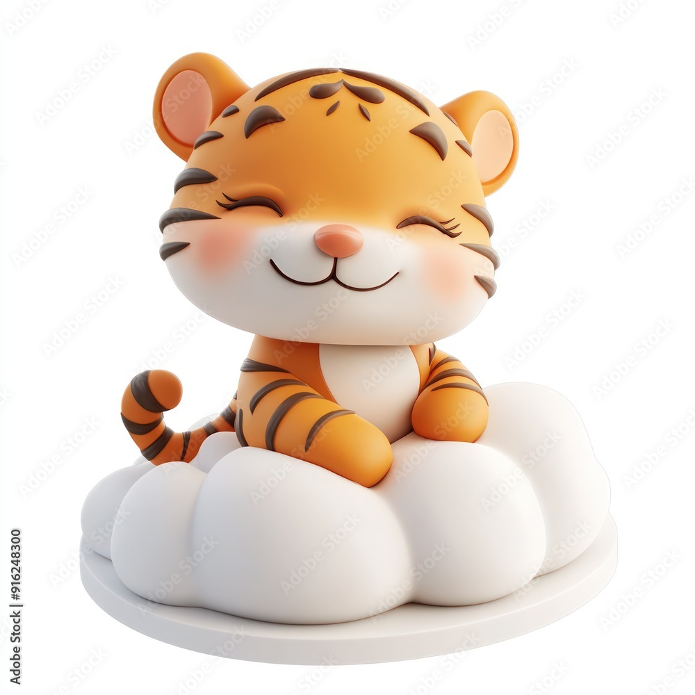 Naklejka premium Cute Cartoon Tiger Sitting on a Cloud