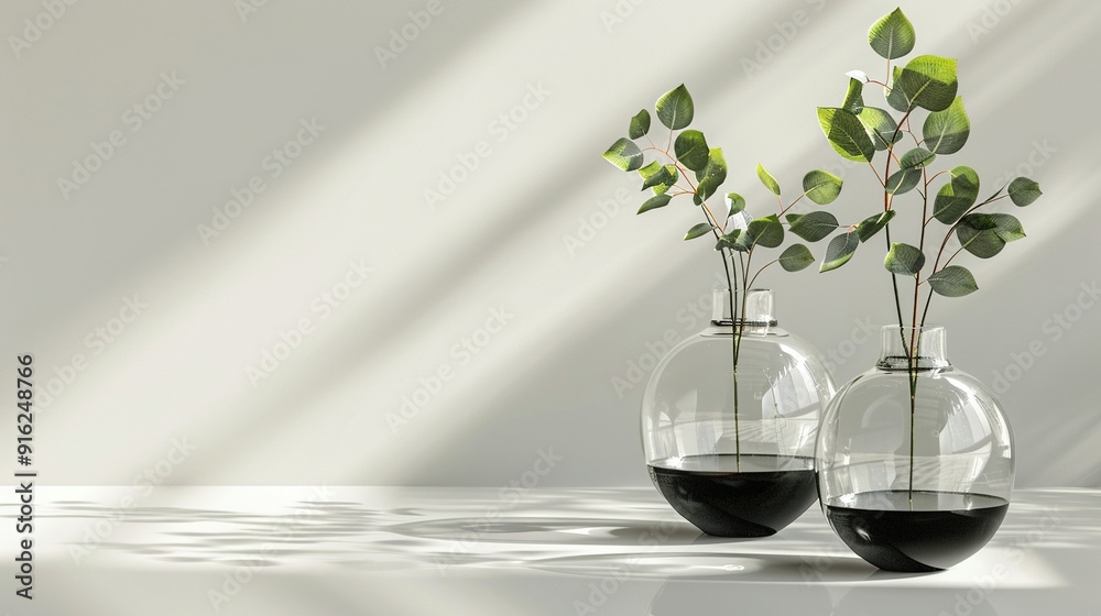 Two Glass Vases with Green Branches and Dark Water on a White Surface