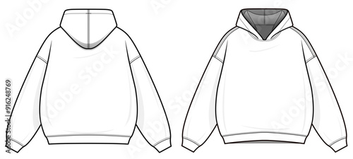 Pullover Hoodie technical fashion illustration. hoodie vector template illustration. front and back view. oversized. drop shoulder. unisex. white color. CAD mockup set.