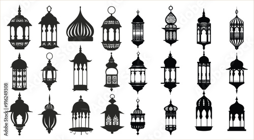 Ramadan Arab Islamic lanterns lamps silhouettes set, Silhouette of Islamic Eid lanterns, Ramadan Eid Mubarak Arab Islamic lamp silhouette vector,  Ramadan Arabian Islamic lanterns 