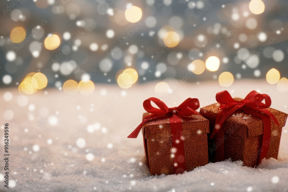 Charming Red Ribboned Gifts in Snow with Bokeh Lights - Perfect for Christmas Holiday Decor and Cozy Winter Celebrations Charming Red Ribboned Gifts in Snow with Bokeh Lights - Perfect for Christmas Holiday Decor and Cozy Winter Celebrations