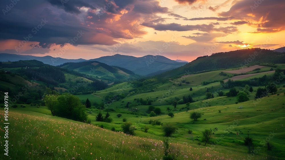 Obraz premium Sunset Over Rolling Green Hills