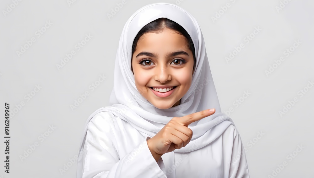Smiling girl in white headscarf pointing to side. Smiling girl in white headscarf pointing to side.