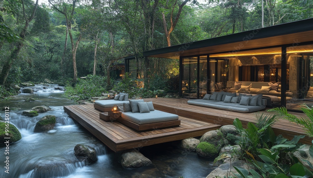 Obraz premium Modern Deck Over a Tranquil Stream in a Lush Forest