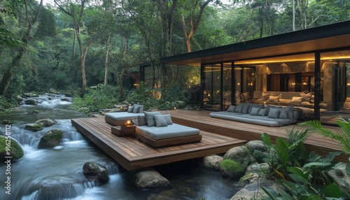 Modern Deck Over a Tranquil Stream in a Lush Forest