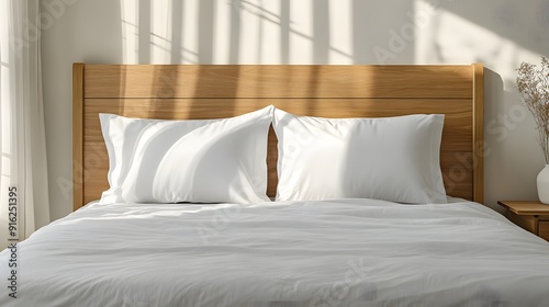 White pillowcase mockup on a simple wooden bed, with a clean, minimalistic design
