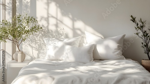 White pillowcase mockup on a light grey bed, with subtle highlights and minimalist decor photo