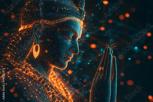 A digital wireframe of Lord Shiva in meditation, blending spirituality with modern technology. Glowing geometric lines form the divine figure in a serene, futur

 photo