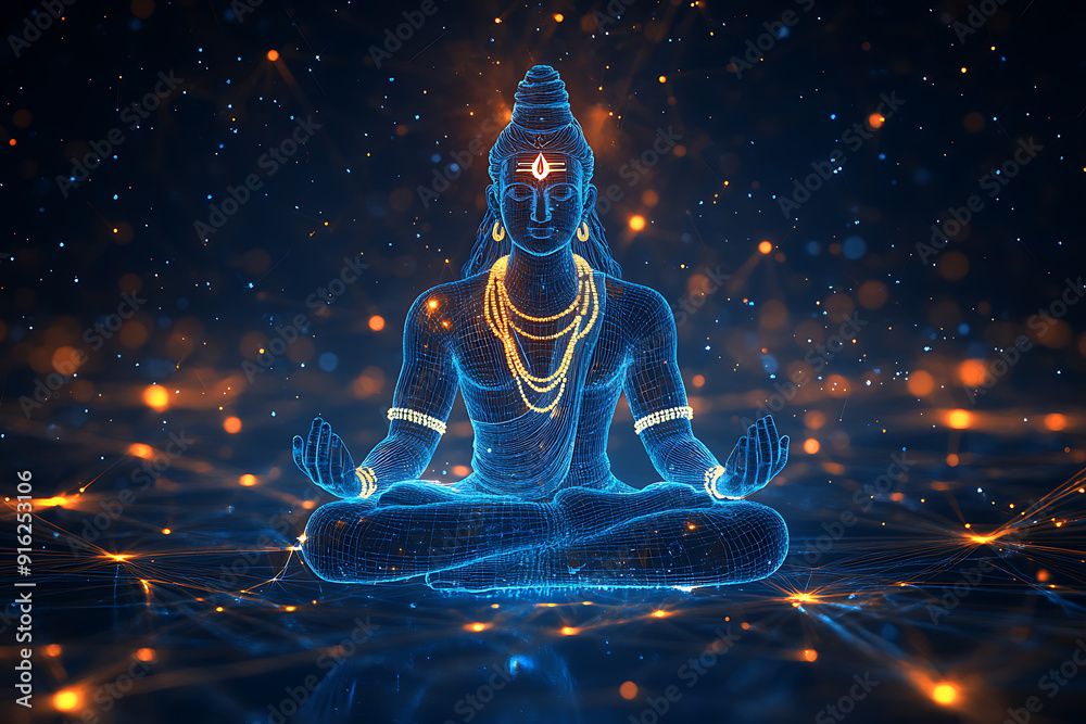 A digital wireframe of Lord Shiva in meditation, blending spirituality with modern technology. Glowing geometric lines form the divine figure in a serene, futur
A digital wireframe of Lord Shiva in meditation, blending spirituality with modern technology. Glowing geometric lines form the divine figure in a serene, futur