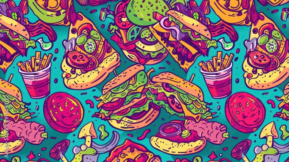 Naklejka premium An assortment of energetic and colorful fast food dishes, showcasing burgers, pizzas, and fries on a lively background