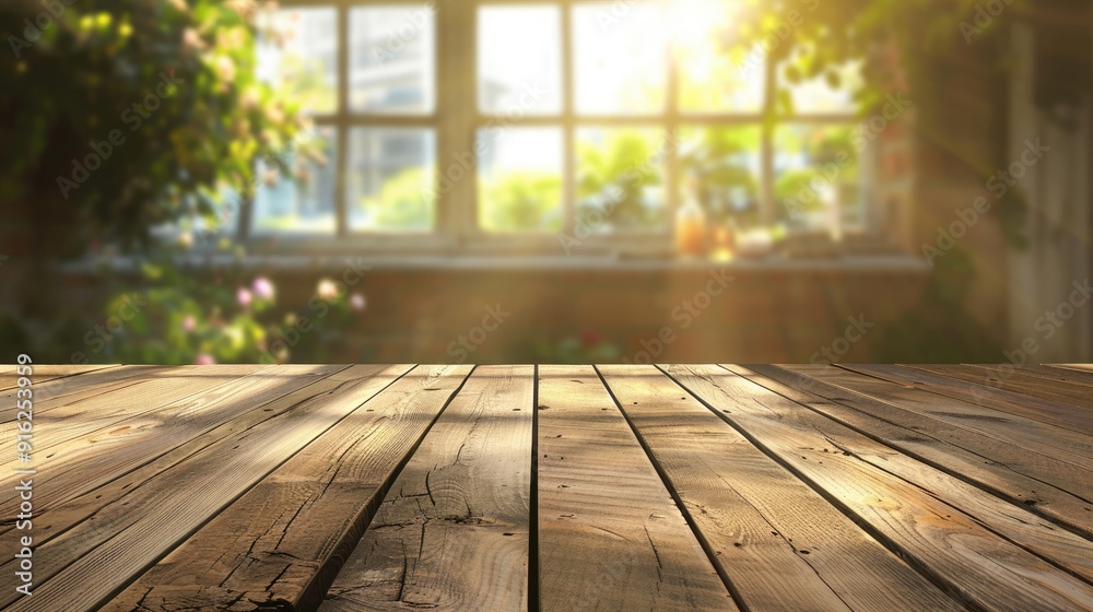 Wood table with blurred window backdrop for product display or montage. Wood table with blurred window backdrop for product display or montage.