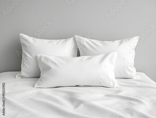Minimalist white pillowcase mockup placed flat on a clean, neutral bed with no distractions